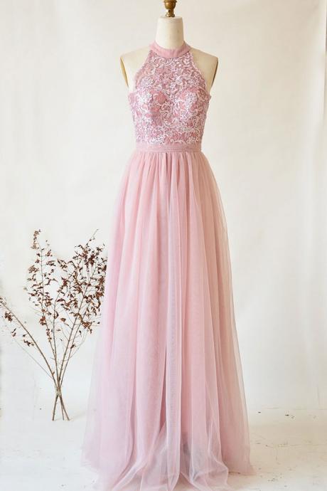 Pink Tulle And Lace Halter Elegant Party Dress, Long Formal Gowns,pl0908
