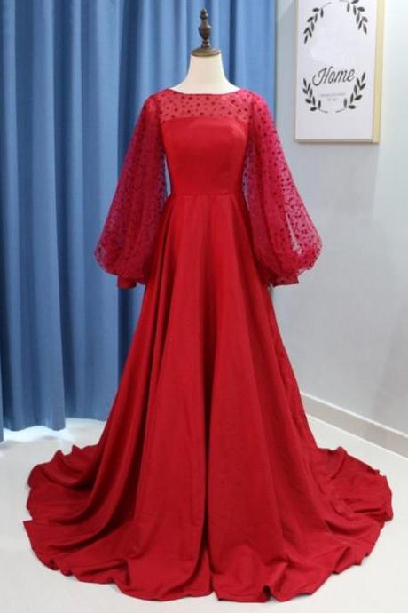 Burgundy Satin Long Sleeve Open Back A Line Evening Dress, Formal Dress,pl0909