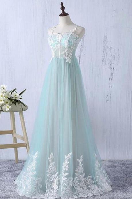 Beautiful Mint Green Straps Long Junior Prom Dress With Lace, Elegant A-line Formal Dress,pl0913
