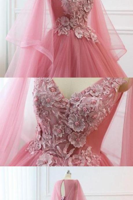 Chic A-line V Neck Applique Prom Dresses Modest Lace Prom Dress Evening Dresses,pl0915