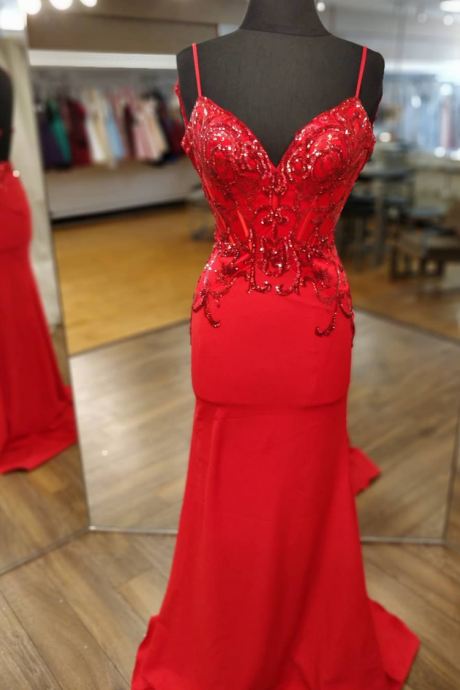Spaghetti Straps Red Prom Dress With Sweep Train,pl0920