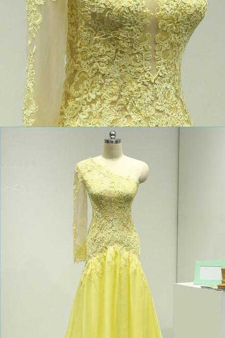 Yellow Chiffon One Sleeve See Through Long Evening Dress, Lace Prom Dress,pl0922