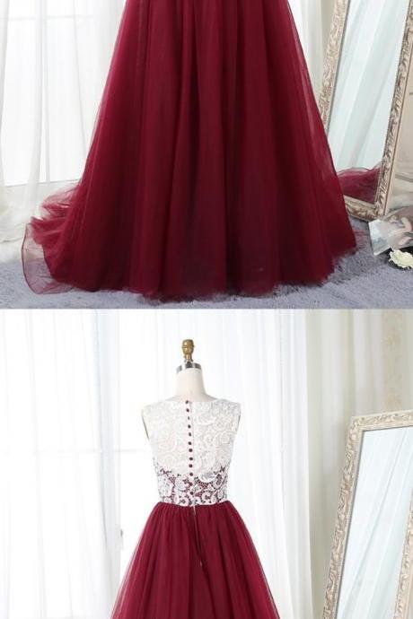Fashion Burgundy Sheer Neck Tulle Prom Dress,dark Red Evening Dress,pl0923