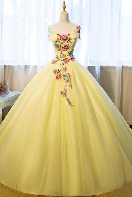 Yellow Gown, Shoulder Gown, Floral Gown.lovely Dress, Long Dress, Big Skirt Dress, Party Dress,pl0924
