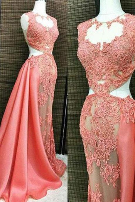 Coral Lace Beaded See Through Long A-line Satin Long Prom Dresses,pl0926