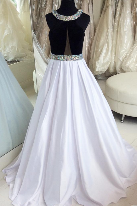 Black And White Satin Long Evening Dresses ,prom Gowns With Crystals,party Gowns Formal Gowns,pl0927