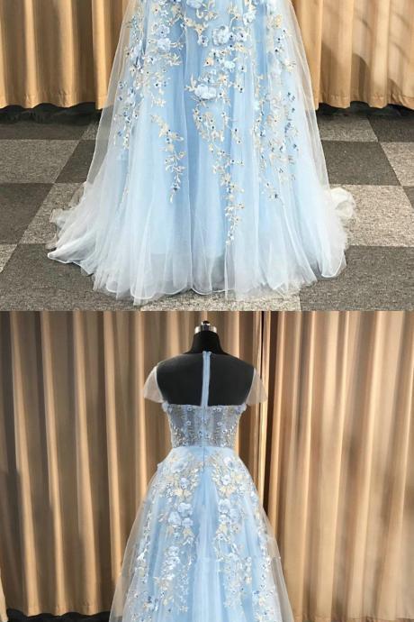 Light Blue Flower Lace Short Sleeve Long Pageant Prom Dress,pl0928