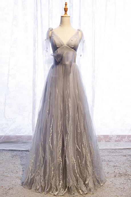 Gray V Neck Tulle Long Prom Dress Formal Dress,pl0929