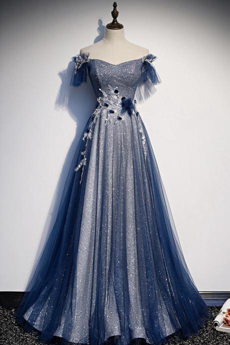 Blue Tulle Sequins Long Prom Dress Blue Evening Dress,pl0932