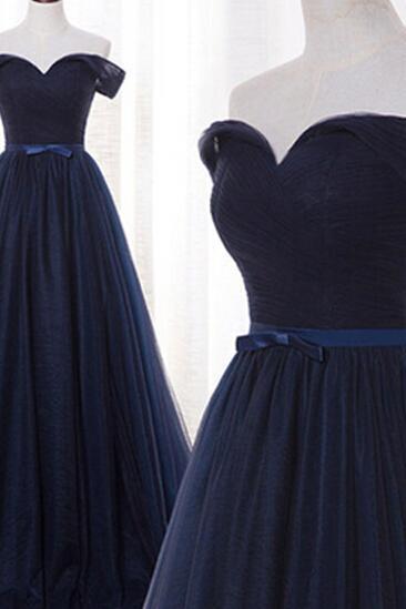 Sexy A Line Navy Blue Tulle Long Prom Dress Floor Length Wedding Party Gowns ,off Shoulder Prom Gowns,pl0944