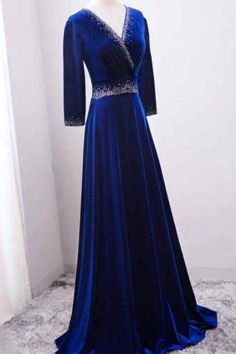 Beautiful Royal Blue Beaded Long Sleeves Wedding Party Dress, Prom Dress,pl0949