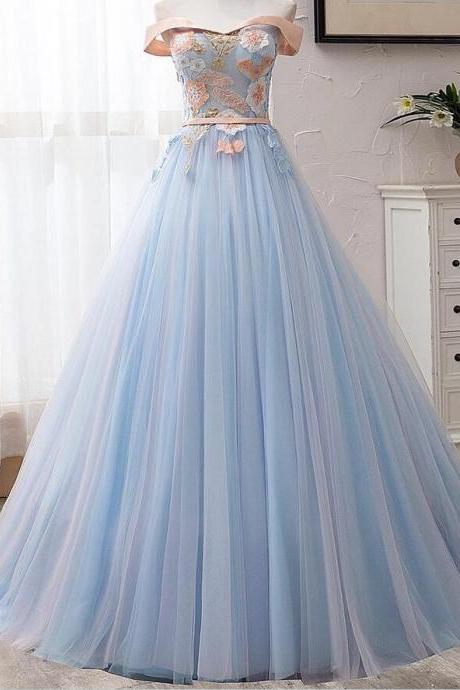Off Shoulder Light Sky Blue Tulle Long Prom Dress Custom Made Women Party Gowns,pl0955