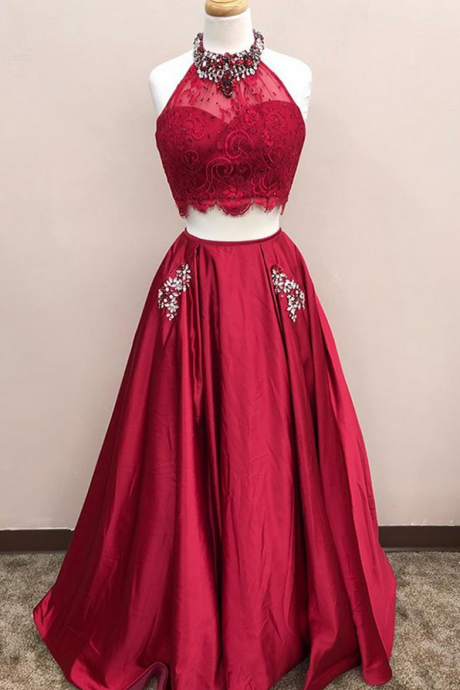 Burgundy Lace Top Two Pieces Prom Dresses,floor Length A-line Beading Homecoming Dress,pl0961