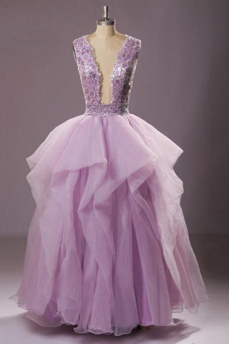 Purple Sleeveless V-neck Wedding Dress With Ruffles And Plunging Back,long Tulle Ball Gowns,pl0962