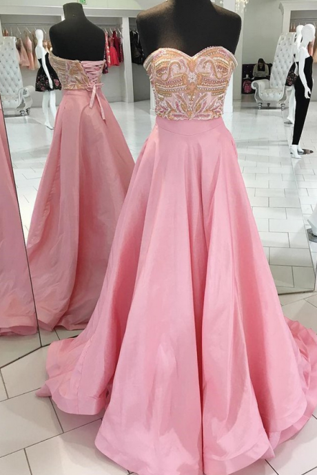 Sweetheart Pink Satin Beaded Customize Long Sweet 16 Prom Dress,pl0965