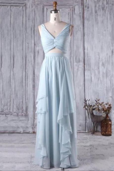 Beautiful Light Blue Chiffon Two Piece Bridesmaid Dress, Elegant Prom Dress,pl0966
