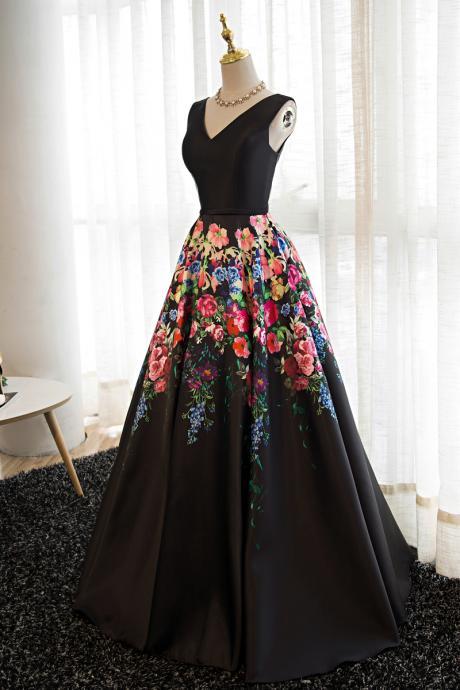 Black Floral Satin V-neckline Prom Dress, Charming Formal Gown,pl0967