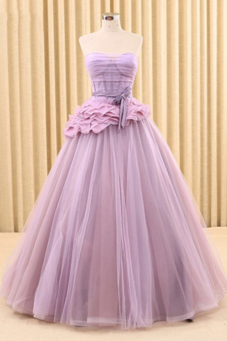 Design Lilac Tulle Strapless Long Prom Dress, Backless Long Bowknot Evening Dress,pl0969