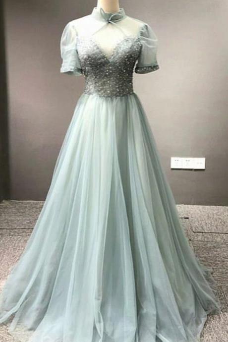 Green Prom Dresses Long Vintage High Neck Short Sleeve Beaded Chiffon A Line Prom Gown,pl0970