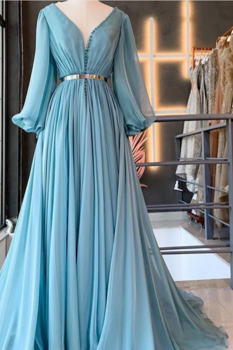 Blue Prom Dresses Long Sleeve V Neck Chiffon A Line Elegant Prom Gown Vestido De Fiesta 2021,pl0971