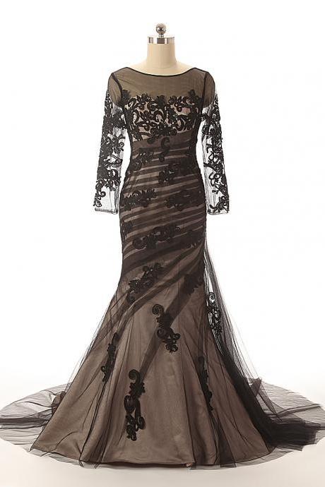 Black Tulle Half Sleeve Mermaid Evening Gowns, Charming Mermaid Lace Appliques Mother Of Bridal Dress,pl0978