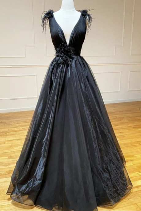 Black V Neck Tulle Long Prom Dress Evening Dress,pl0980