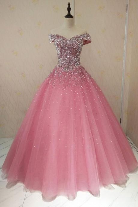Pink Sweetheart Luxurious Beaded Long Prom Dress,sequins Tulle Formal Evening Dresses, Tulle Prom Dress,pl0981