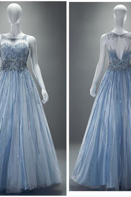 Custom Made Charming Light Blue Luxury Beads Prom Dresses,sequined Prom Dress,a-line Prom Dress,pl0983