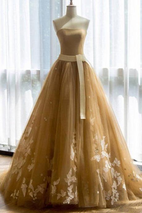 Yellow Party Dress Strapless Evening Dress Tulle Applique Prom Dress With Sash Off Shoulder Formal Dress,pl0987