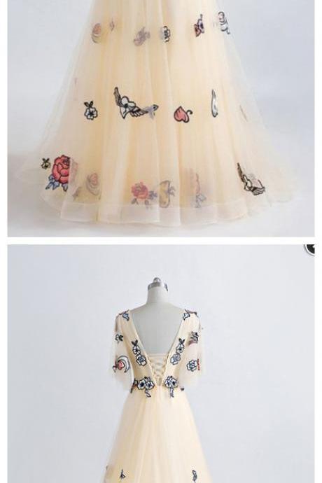 Champagne Floral Print Lace Appliques Floor Length Prom Dress,pl0990