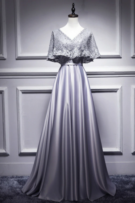 Silver Gray Satin Lace V-neck Bat Pearls Prom Dress,pl0992