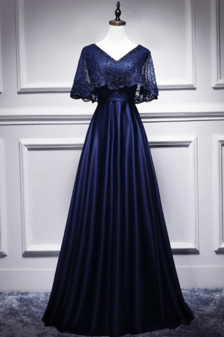 Navy Blue Satin Lace V-neck Bat Pearls Prom Dress,pl0993