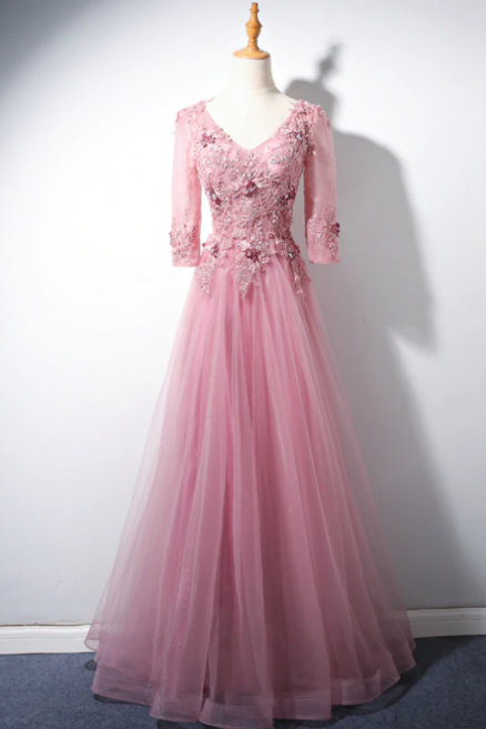 Pink Tulle V-neck Short Sleeve Appliques Beading Prom Dress,pl0995