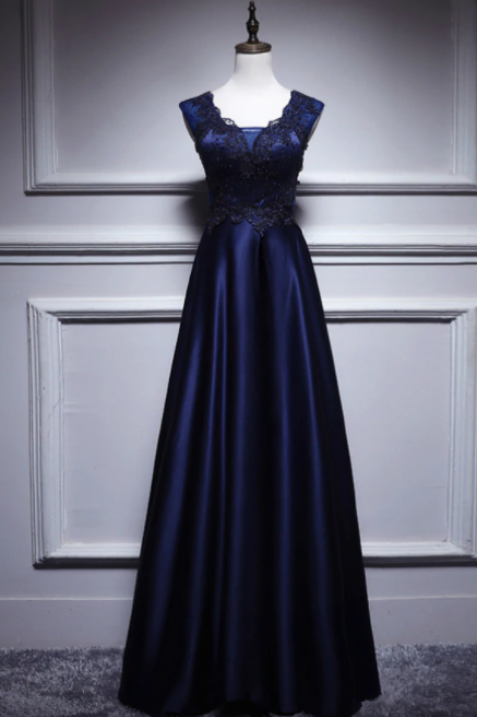 Navy Blue Satin Appliques Beading V-neck Prom Dress,pl0996