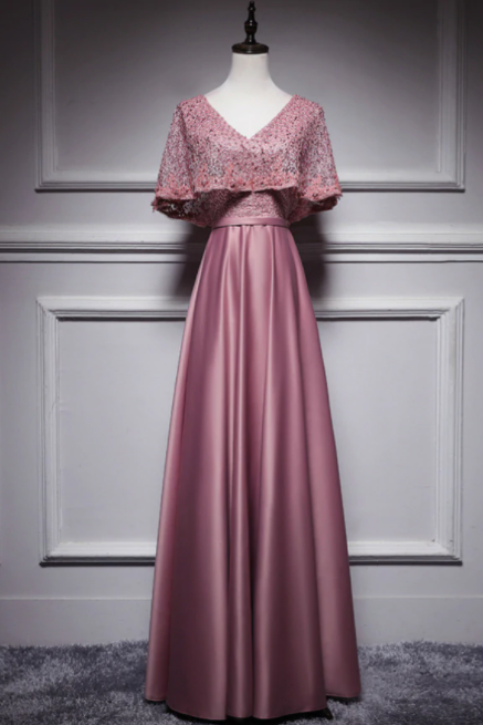 Pink Satin Lace V-neck Bat Pearls Prom Dress,pl0998