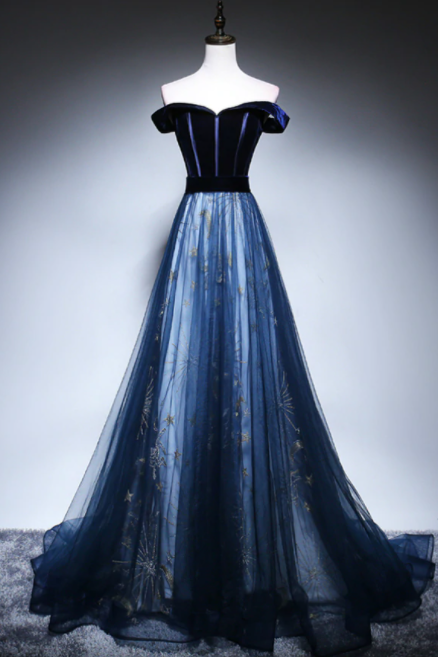 Sexy Navy Blue Tulle Velvet Off The Shoulder Prom Dress,pl1000