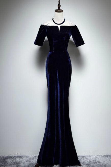 Navy Blue Mermaid Velvet Short Sleeve Prom Dress,pl1001