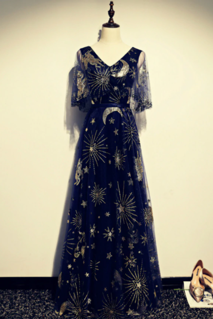 Navy Blue Tulle Sequins V-neck Short Sleeve Prom Dress,PL1002