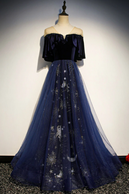 Navy Blue Tulle Velvet Embroidery Short Sleeve Prom Dress,pl1005