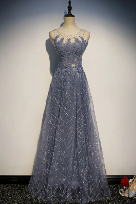 Gray Blue Tulle Sequins Appliques Beading Prom Dress,pl1006