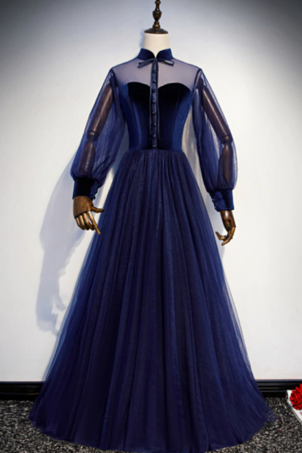 Navy Blue Tulle Velvet Long Sleeve Prom Dress,pl1006