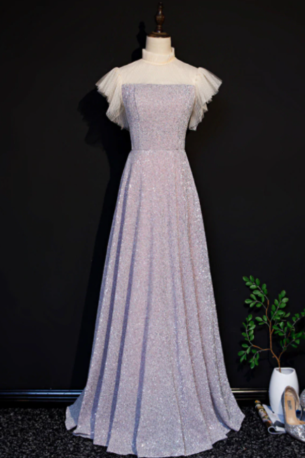Pink Sequins High Neck Short Sleeve Prom Dress,pl1009