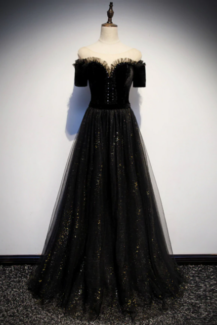 Black Tulle Bateau Short Sleeve Beading Prom Dress,pl1011