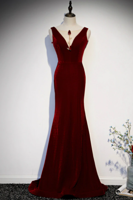 Burgundy Mermaid Velvet See Through V-neck Prom Dress,pl1022