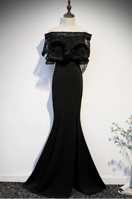 Black Mermaid Satin Off The Shoulder Prom Dress With Split,pl1023