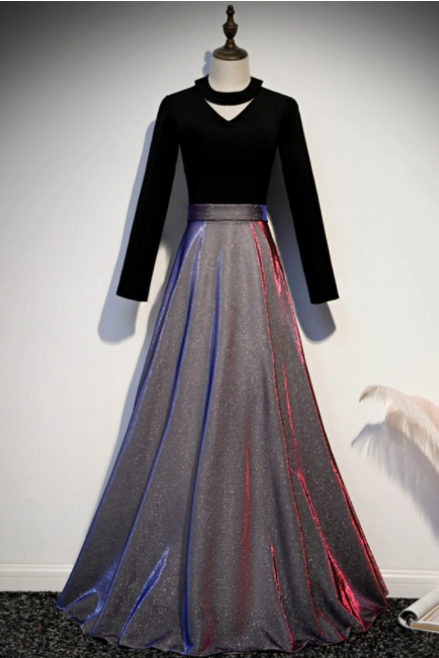 A-Line Black Long Sleeve Velvet Prom Dress,PL1024
