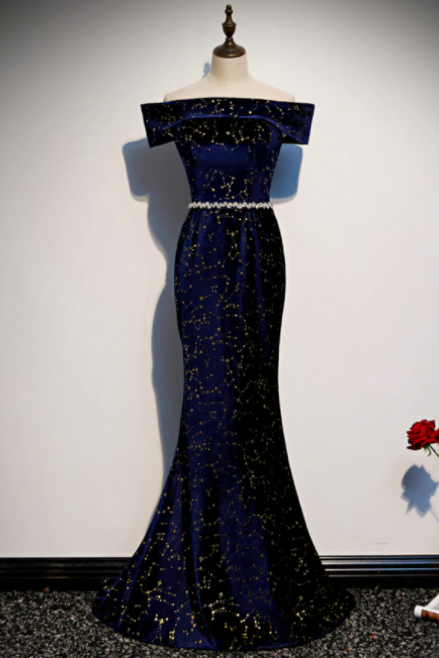 Navy Blue Mermaid Velvet Off the Shoulder Beading Prom Dress,PL1026