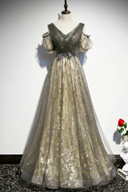 Gray Gold Tulle Sequins V-neck Short Sleeve Pleats Prom Dress,pl1028