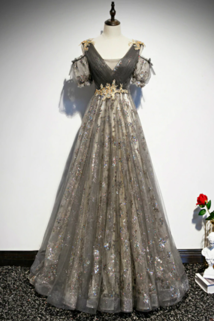 Gray Tulle Sequins V-neck Pleats Beading Prom Dress,pl1029