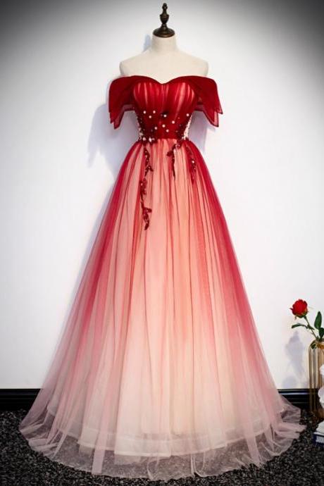 Princess Red Tulle Off The Shoulder Beading Prom Dress,pl1035